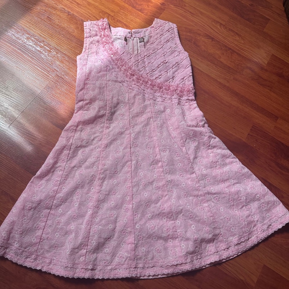 Girls Pink Lace Dress Size 28 Cottagecore Floral Rosette Party Dress